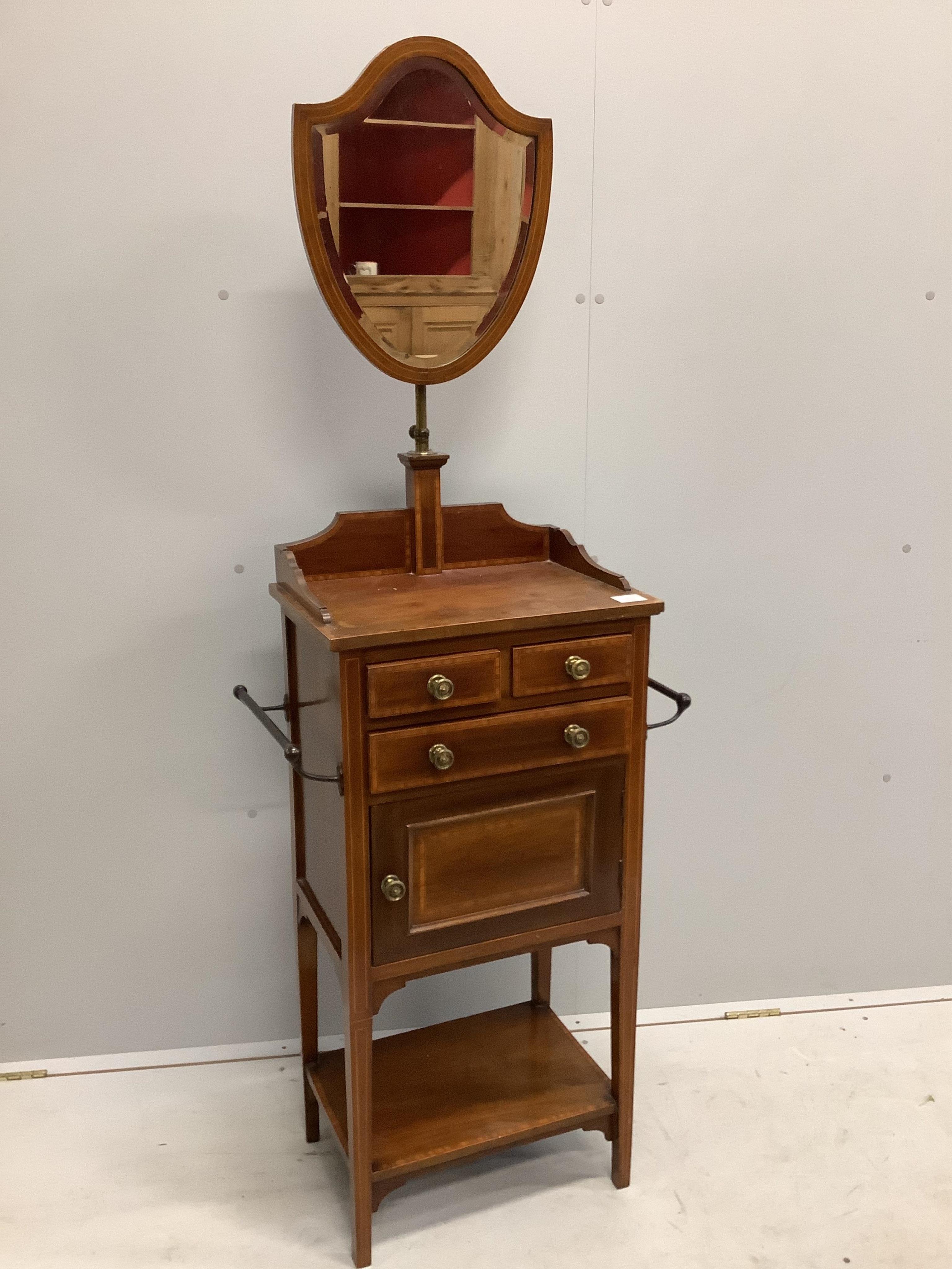 An Edwardian Sheraton revival mahogany and satinwood banded mahogany wash stand, width 58cm, depth 34cm, height 160cm. Condition - fair